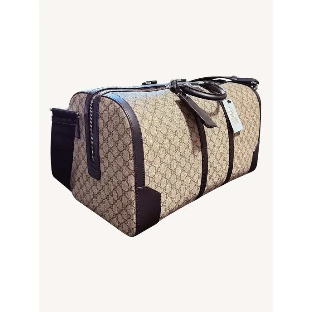 Gucci GG Supreme XL Travel Duffel Bag Beige Ebony Black Leather Full Set New
